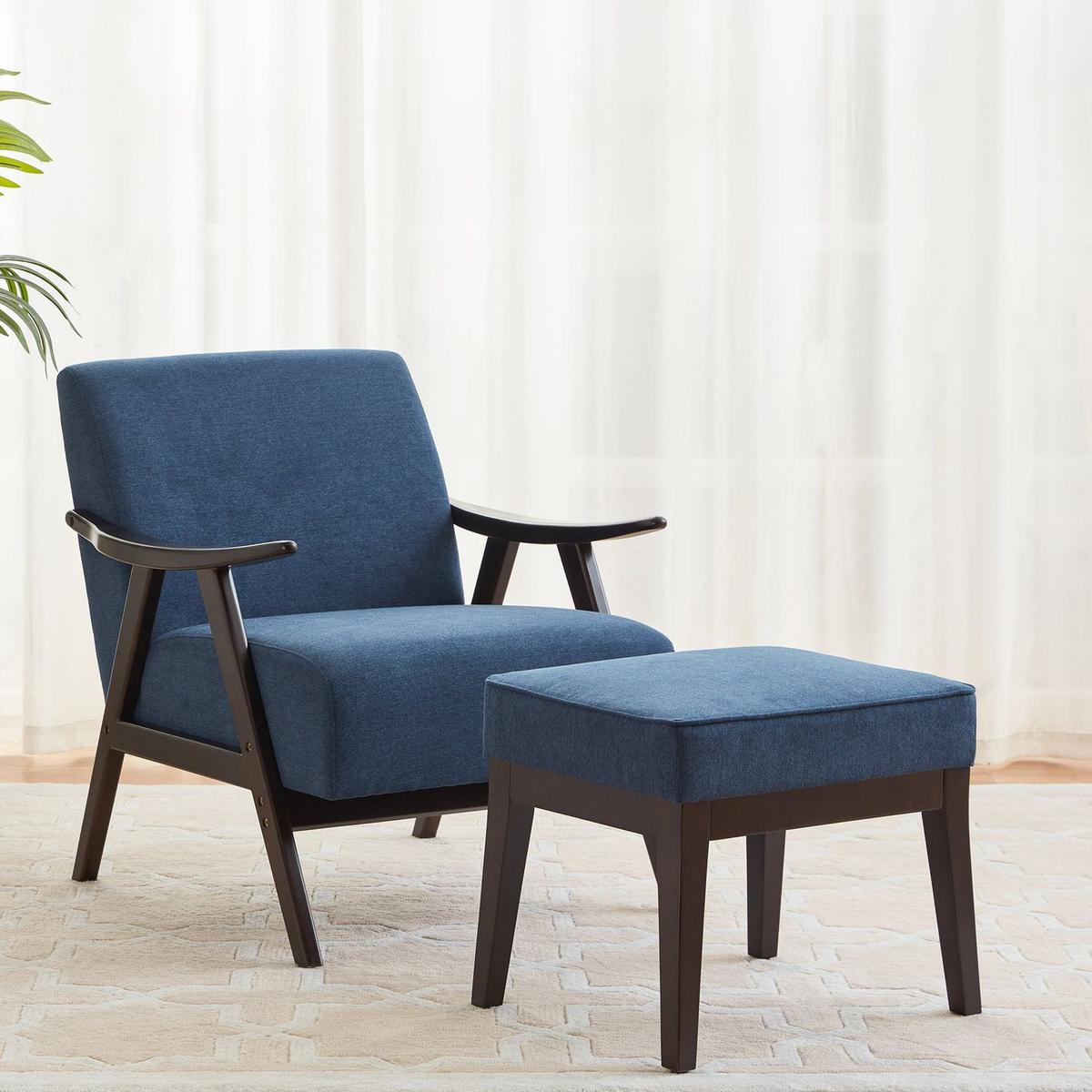 Accent Chair with Ottoman, Upholstered Mid Century Chair and Footrest, Solid Wood Arm Chair, Living Room Chairs and Ottoman Set, Blue