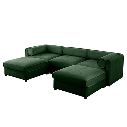 Elegant Green Chenille Sofa with Storage Seat and Ottoman, U-Shaped 3-Seater, Cylindrical Backrest and Armrests