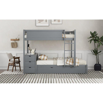 Full-Over-Full Bunk Bed with Twin size Trundle, Storage and Desk, Gray