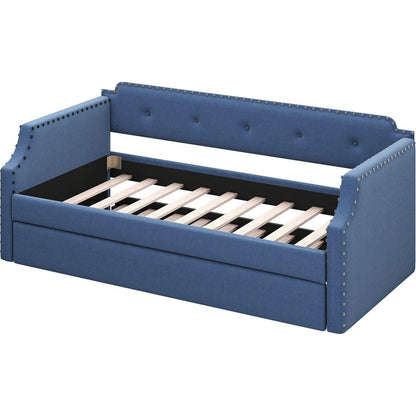 Upholstered Daybed with Trundle, Wood Slat Support,Upholstered Frame Sofa Bed, Twin,Blue
