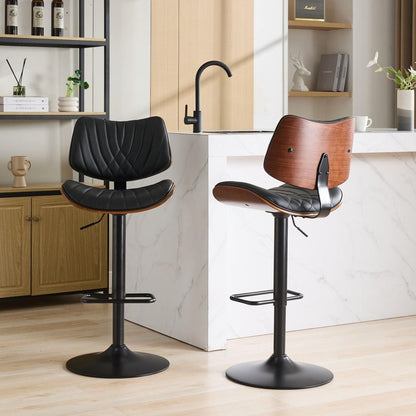 Walnut Bentwood Bar Stools Mid Century Modern Adjustable Counter Height Black Leather Upholstered 360Swivel Bar Chairs for Kitchen Island/Dining Room/Cafe, 1 chair/1carton,Black