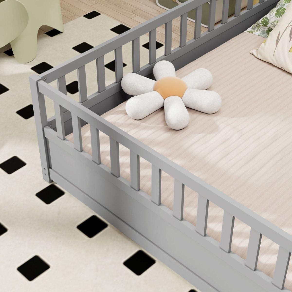 Full size Floor bed, integral construction with super high security barrier, door, children's floor bed frame, Montessori wooden children's floor bed, Grey
