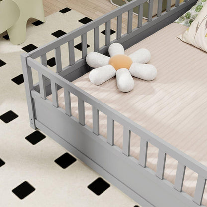 Full size Floor bed, integral construction with super high security barrier, door, children's floor bed frame, Montessori wooden children's floor bed, Grey