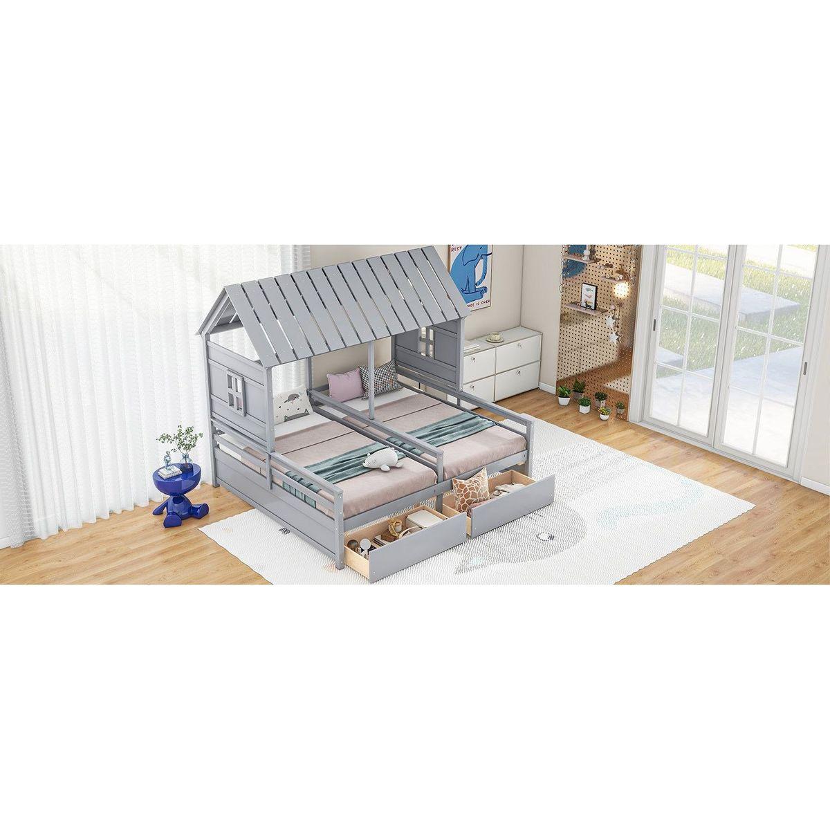 Twin Size House Platform Beds with Two Drawers for Boy and Girl Shared Beds, Combination of 2 Side by Side Twin Size Beds, Gray