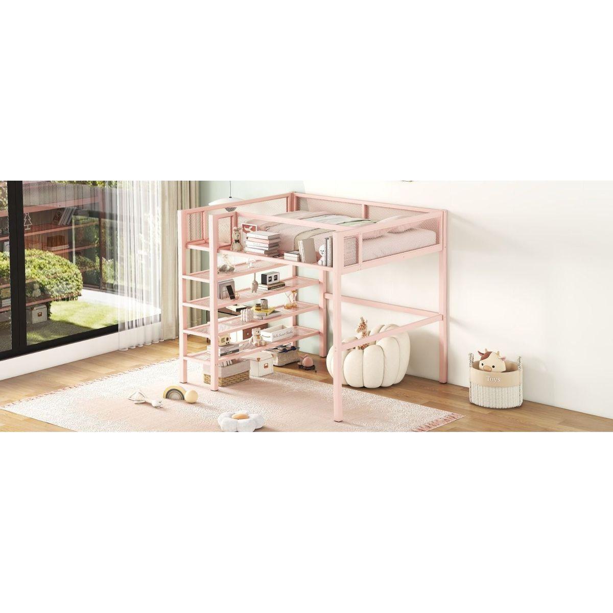 Full Size Metal Loft Bed with 4-Tier Shelves and Storage, Pink