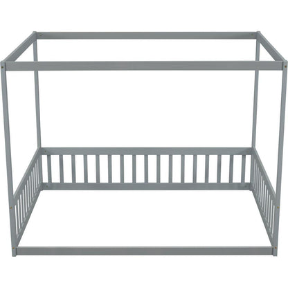 Full Size Canopy Frame Floor Bed with Fence, Guardrails,Grey