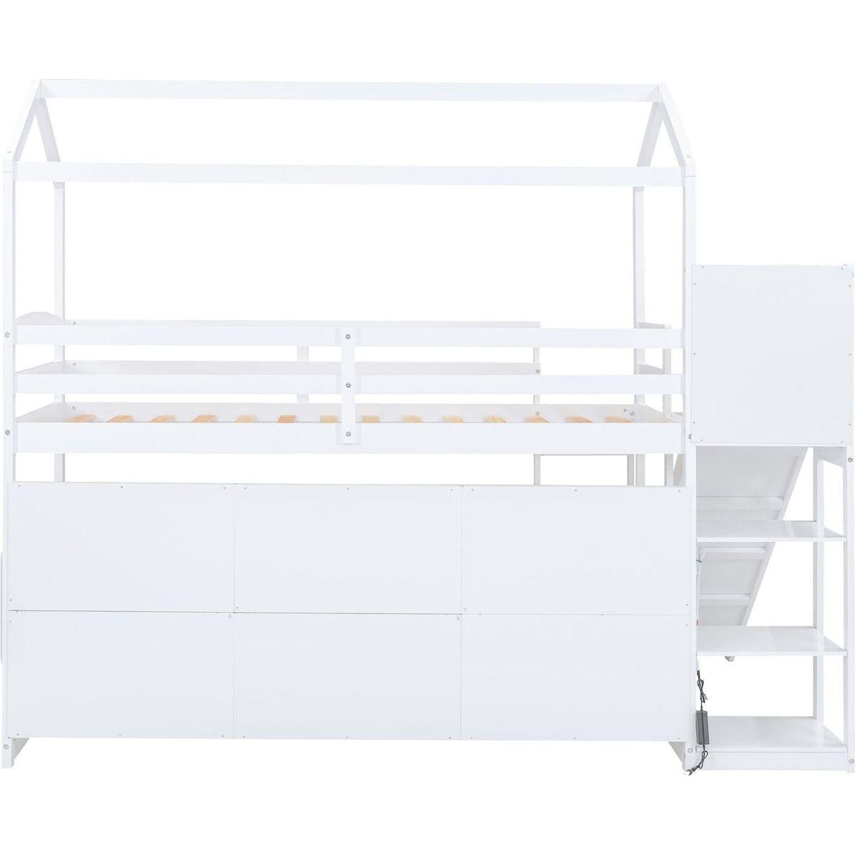 Twin Size Wood House Loft bed with Slide, Storage shelves and Light, White