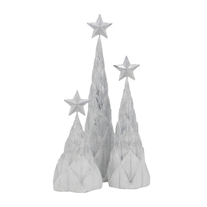 Set of 3 Resin White/Silver Foil Christmas Tree With Star Top, L:4x4x16' M:4x4x12' S:4.5x4.5x8.8'