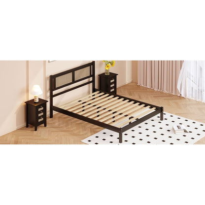 3-Pieces Bedroom Sets Queen Size Wooden Platform Bed with Natural Rattan Headboard, Nightstands Set of 2 with Rattan-Woven Surfaces and Three Drawers for Bedroom, Black