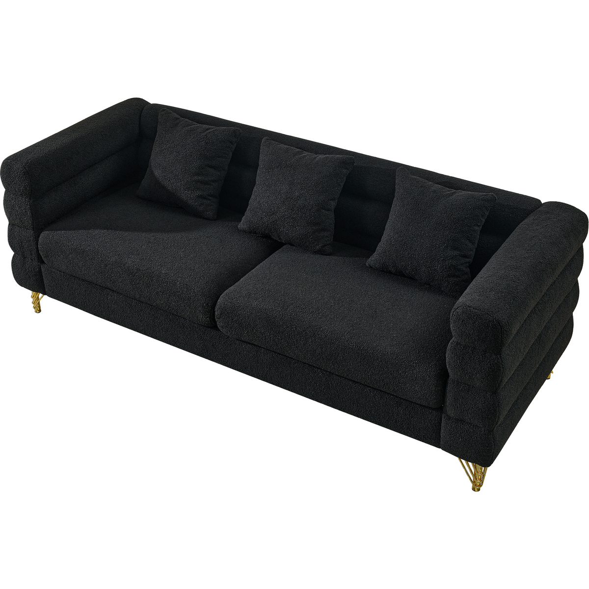 81 Inch Oversized 3 Seater Sectional Sofa, Living Room Comfort Fabric Sectional Sofe-Deep Seating Sectional Sofa, Soft Sitting with 3 Pillows for Living Room,Bedroom,Office, Black teddy