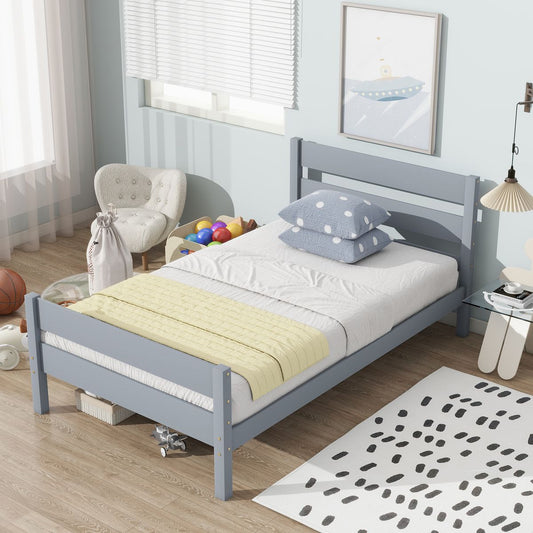 Twin Bed with Headboard and Footboard,Rubber Wood Bed,Grey