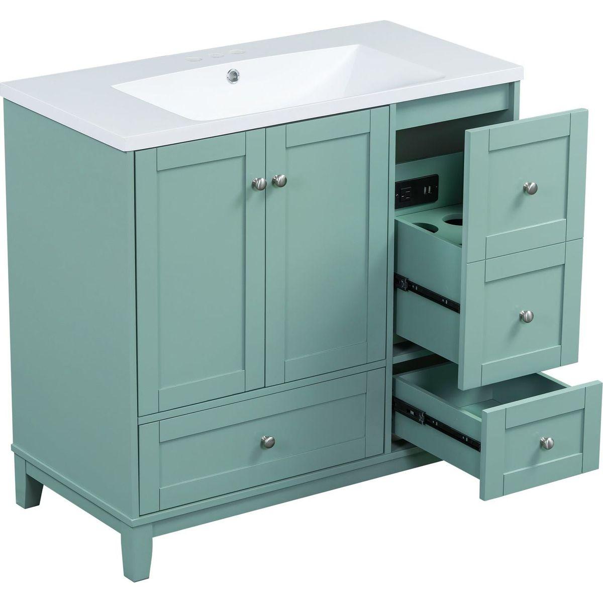 36 Inch Modern Bathroom Vanity with USB Charging, Two Doors and Three Drawers Bathroom Storage Vanity Cabinet, Small Bathroom Vanity cabinet with single sink, Green - Faucets Not Included