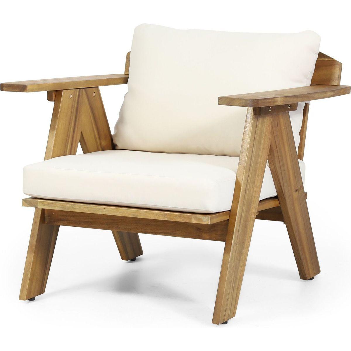 Outdoor Acacia Wood Club Chairs with Cushions (Set of 2), Teak Finish+ Beige, 30.75" W x 30.25" D x 26.00" H