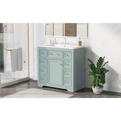 36" Bathroom Vanity with Sink Combo, One Cabinet and Six Drawers, Solid Wood and MDF Board, Green