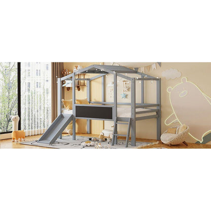 Twin Size Loft Bed with Ladder and Slide, House Bed with Blackboard and Light Strip on the Roof, Gray