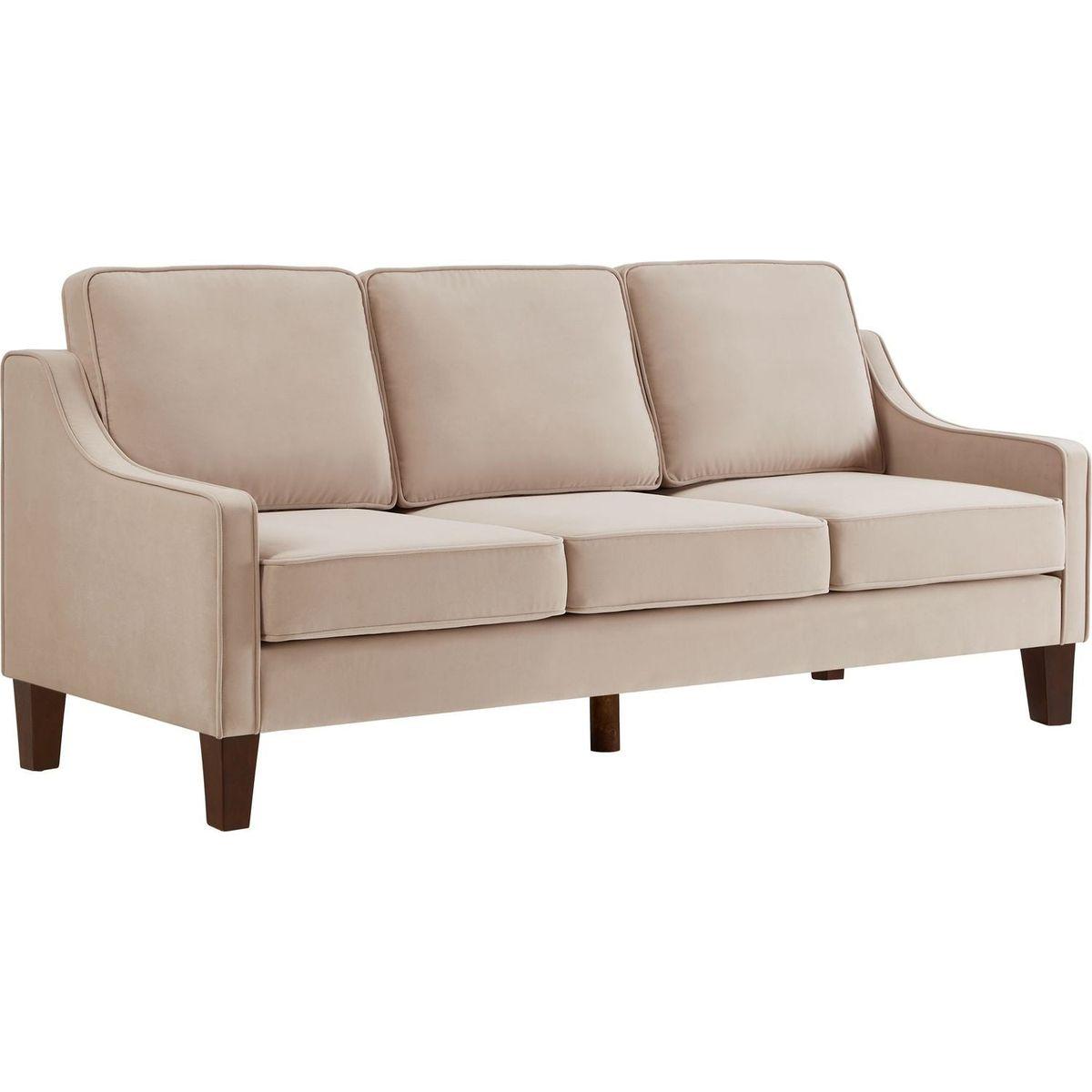 Modern 3 Piece seat Sofa Couch with Scooped Armrest/Wood legs,Upholstered Velvet 3-seat Sofa with Removable Cushions for Livingroom Bedroom,Taupe
