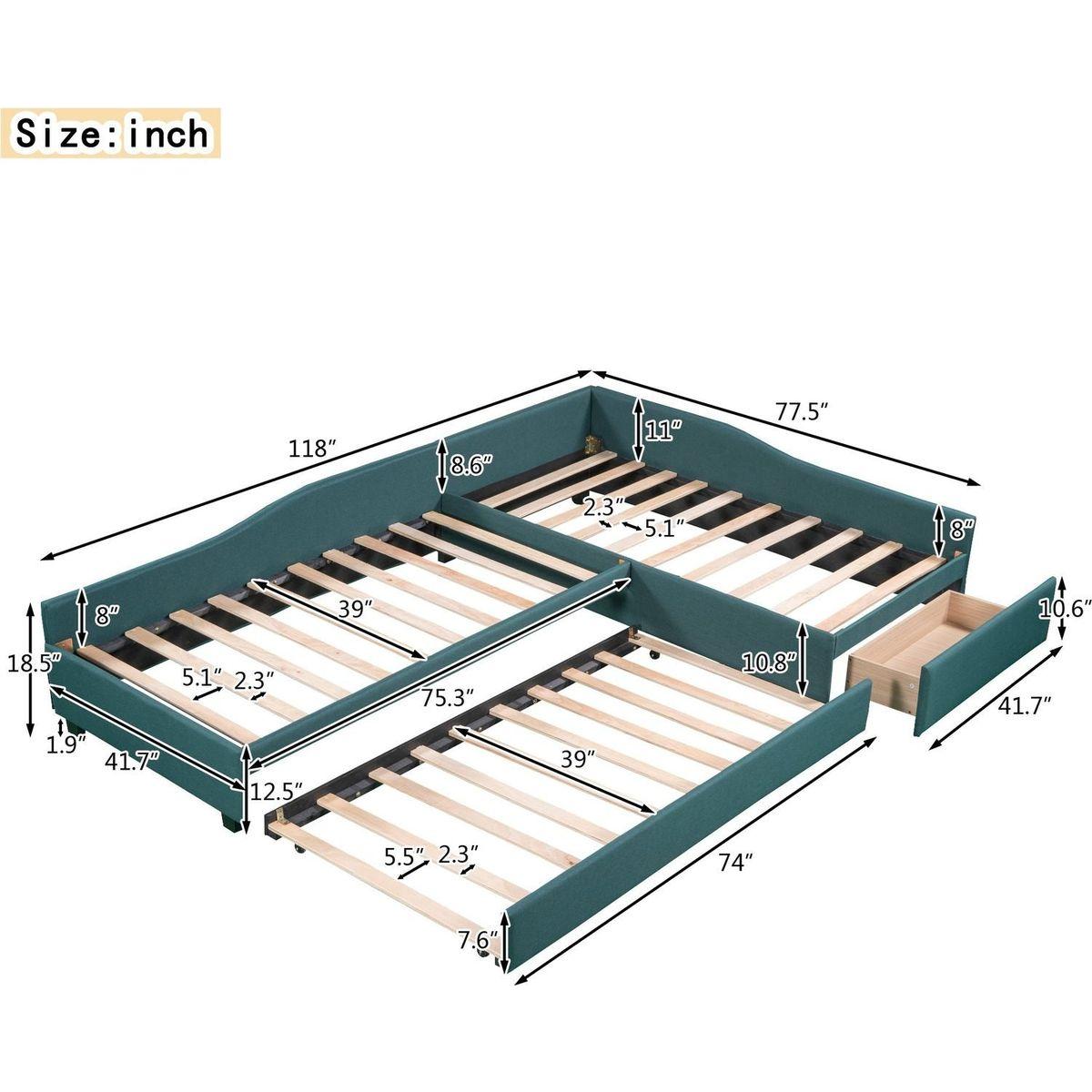 Upholstered Double Twin Size Daybed with Trundle and Drawer, Green