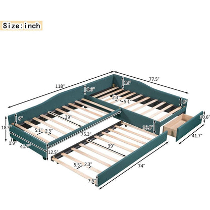 Upholstered Double Twin Size Daybed with Trundle and Drawer, Green