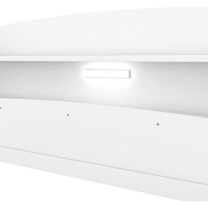 Wood Full Size Platform Bed with Built-in LED Light, Storage Headboard and Guardrail, White