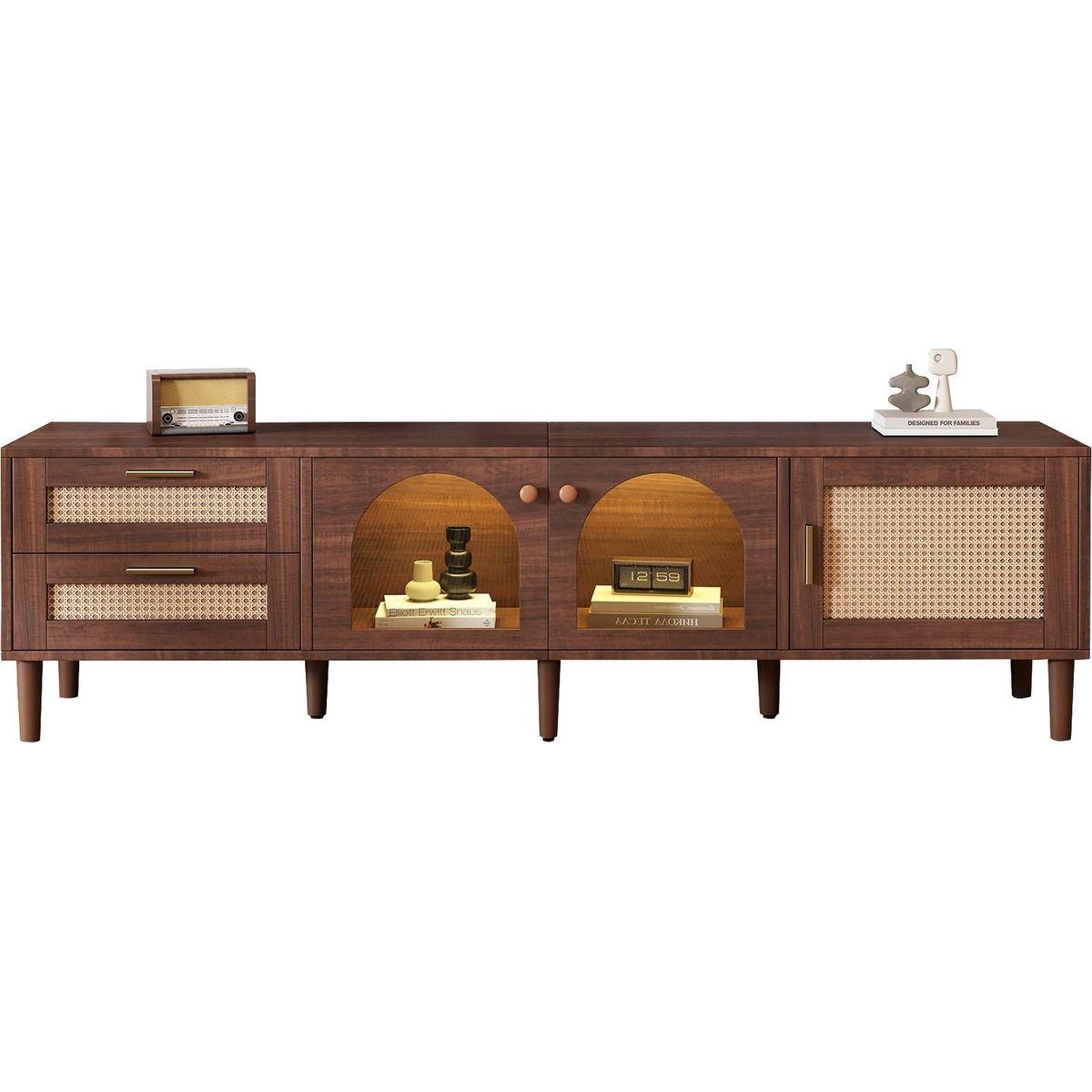 Rattan TV Stand with 3 Cabinets & 2 Drawers, Rattan-inspired Media Console Table for TVs up to 80", LED Light Entertainment Center, TV cabinet for Living room, Bedroom, Home Theatre - Streamdale Furniture