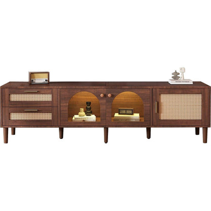Rattan TV Stand with 3 Cabinets & 2 Drawers, Rattan-inspired Media Console Table for TVs up to 80", LED Light Entertainment Center, TV cabinet for Living room, Bedroom, Home Theatre - Streamdale Furniture