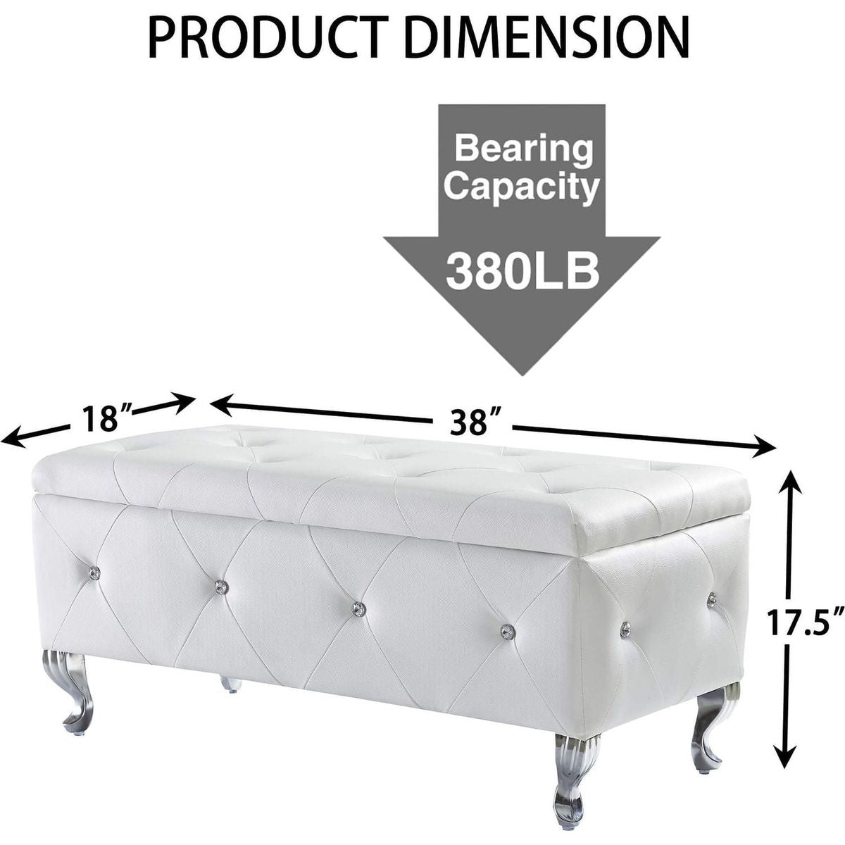 Upholstered Storage Ottoman Bench For Bedroom End Of Bed Faux Leather Rectangular Storage Benches Footrest With Crystal Buttons For Living Room Entryway (White)