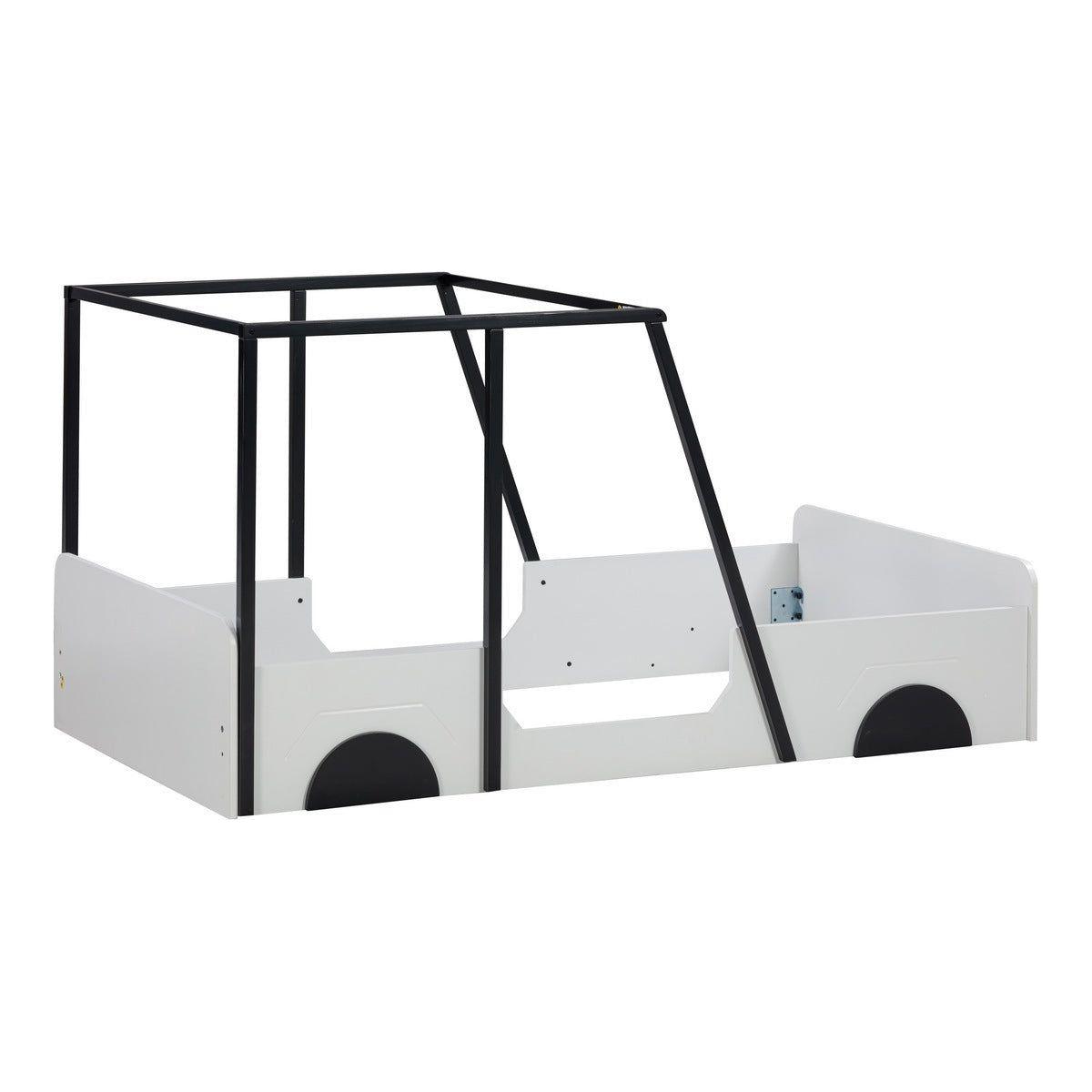 Twin Size Car-shaped Bed with Roof,Wooden Twin Floor Bed with wheels and door Design,Montessori Inspired Bedroom,Black