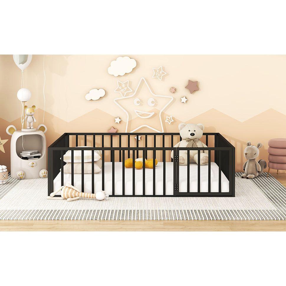 Queen Size Metal Floor Bed Frame with Fence and Door, Black