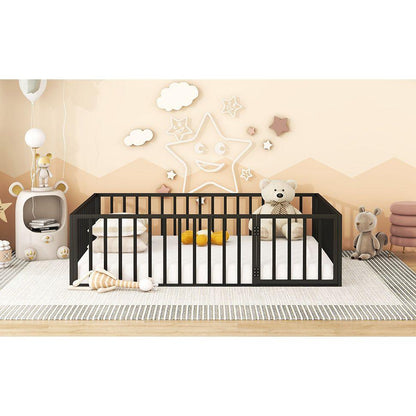 Queen Size Metal Floor Bed Frame with Fence and Door, Black
