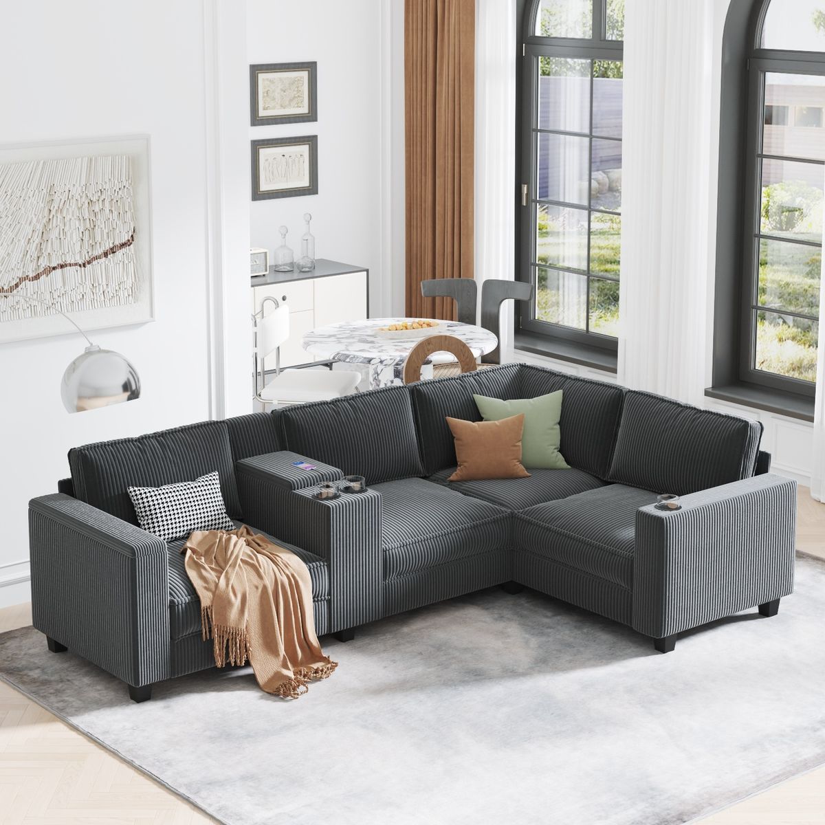 L-shaped 4-seater 105.5''*66.5'' corduroy sofa, large storage armrests with center console, USB charging, left and right seats can be switched, 2 packages of 130