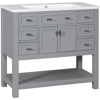 36" Bathroom Vanity with Top Sink, Modern Bathroom Storage Cabinet with 2 Soft Closing Doors and 6 Drawers, Single Sink Bathroom Vanity