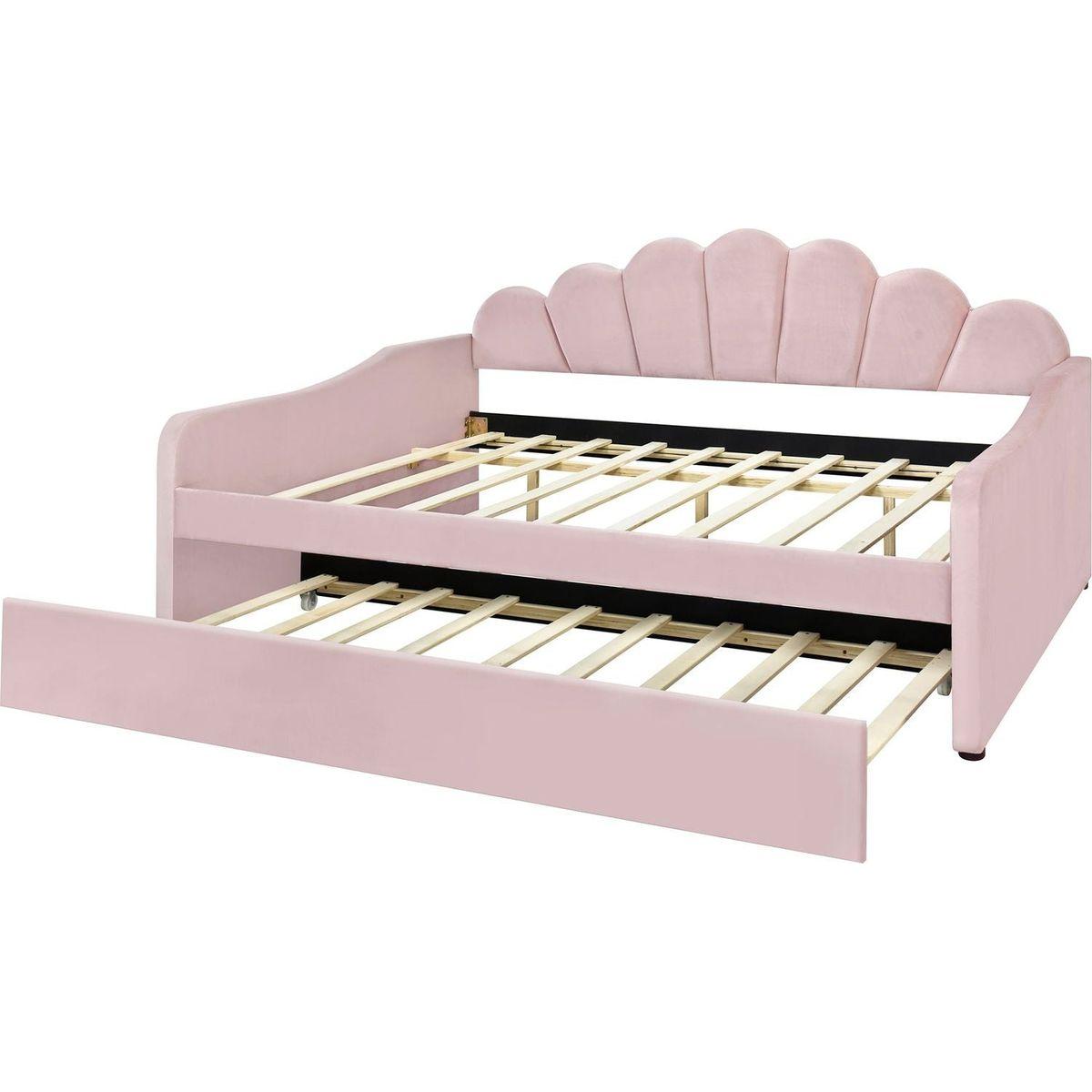 Full Size Upholstery Daybed Frame with Shall Shaped Backrest and Trundle,Pink