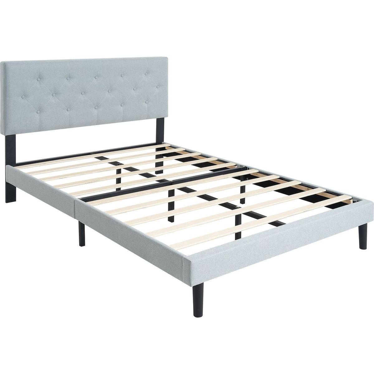 Queen Size Upholstered Platform Bed Frame with Modern Button Tufted Linen Fabric Headboard, No Box Spring Needed, Wood Slat Support, Easy Assembly, Grey