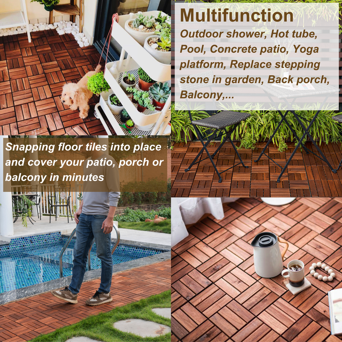 20 PCS Interlocking Deck Tiles Checker Pattern, 12" x 12" Square Acacia Hardwood Outdoor Flooring for Patio, Bancony, Pool Side,...