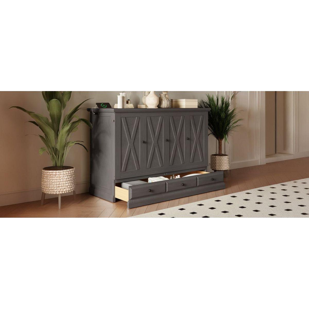 Solid Pine Murphy Bed Chest Cube Cabinet Bed with Charging Station and Large Storage Drawer for Home Office or Small Room,Full,Gray