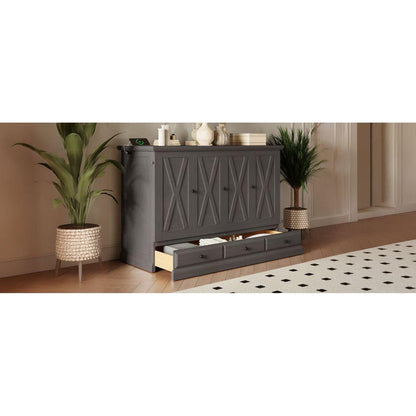 Solid Pine Murphy Bed Chest Cube Cabinet Bed with Charging Station and Large Storage Drawer for Home Office or Small Room,Full,Gray