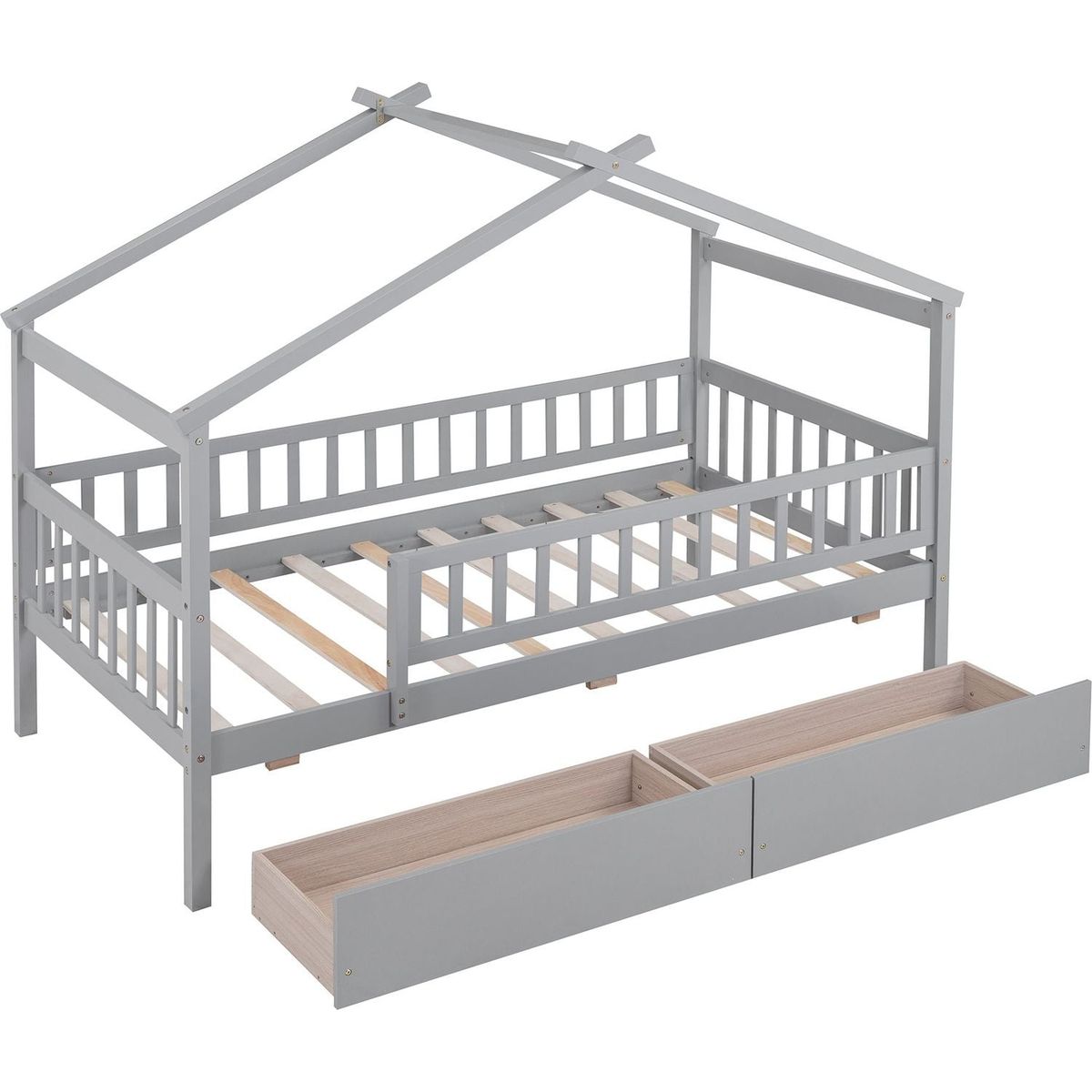 Twin Size Wooden House Bed with Two Drawers, Gray