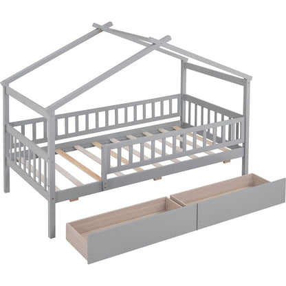 Twin Size Wooden House Bed with Two Drawers, Gray