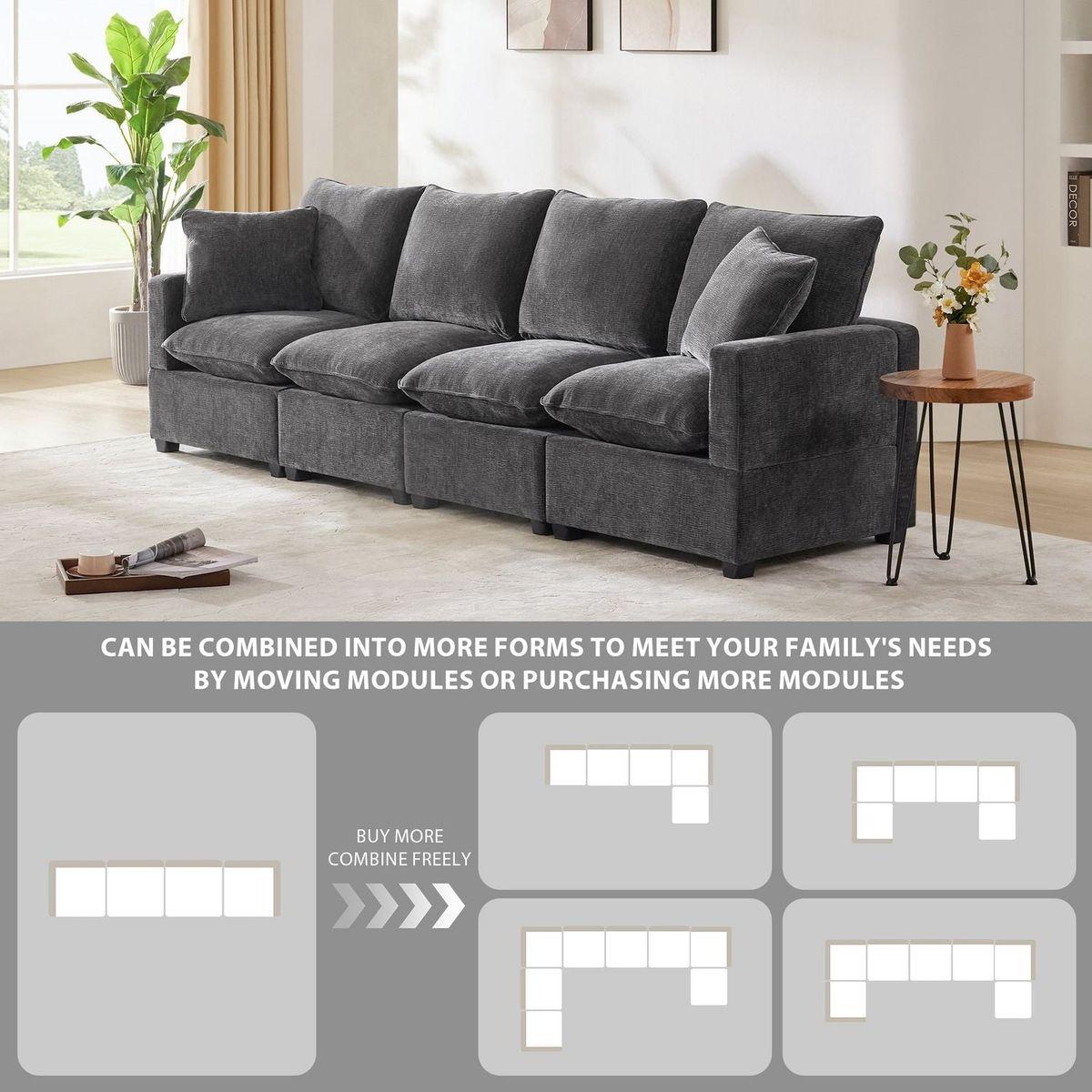 110x29" Modern Modular Sofa, 4 Seat Chenille Sectional Couch Set with 2 Pillows Included, Freely Combinable Indoor Funiture for Living Room, Apartment, Office, 2 Colors