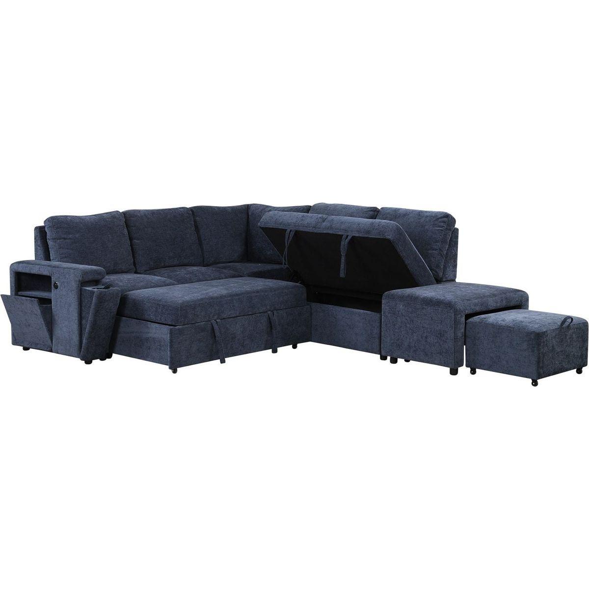 L-shaped Padded Modular Sofa with Storage Space, USB Ports, and Cup Holders on the Armrests, Suitable for Living Rooms, Offices, and Apartments.