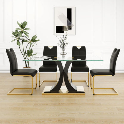 Modern style glass dining table, elegant transparent design, solid support base, black dining chair set, gold-plated chair legs, suitable for restaurant kitchen use (set of 5)