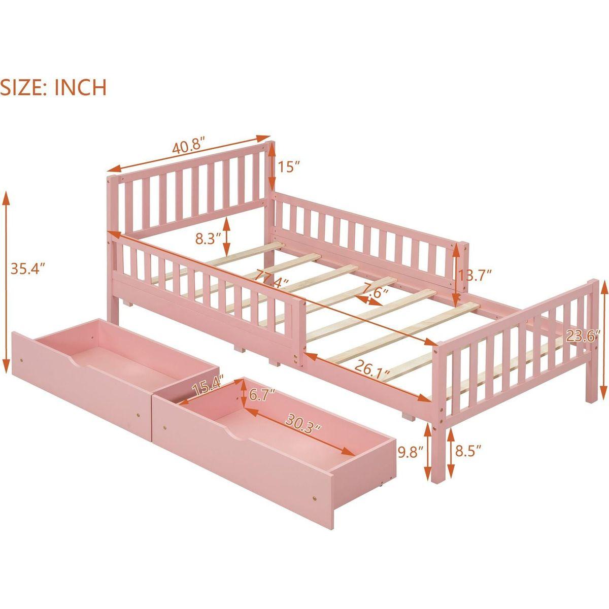 Twin Size Wood Platform Bed with Guardrails on Both Sides and Two Storage Drawers, Pink