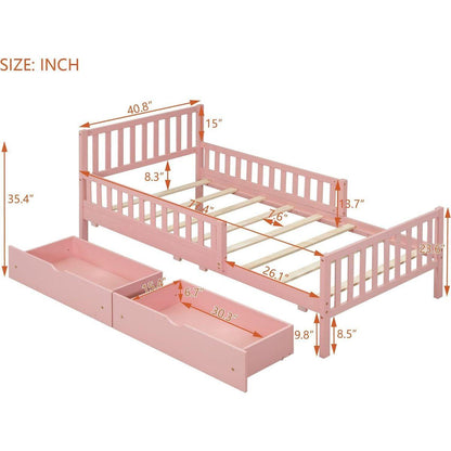 Twin Size Wood Platform Bed with Guardrails on Both Sides and Two Storage Drawers, Pink