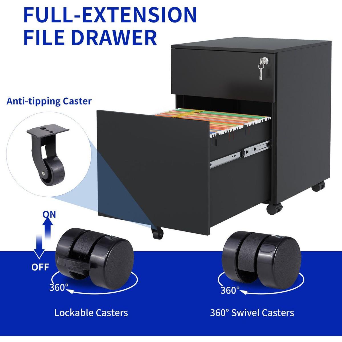 2 Drawer Mobile File Cabinet with Lock Steel File Cabinet for Legal/Letter/A4/F4 Size, Fully Assembled Include Wheels, Home/ Office Design, Black