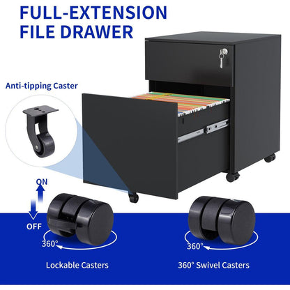 2 Drawer Mobile File Cabinet with Lock Steel File Cabinet for Legal/Letter/A4/F4 Size, Fully Assembled Include Wheels, Home/ Office Design, Black