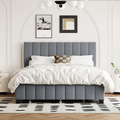 Queen Size Velvet Upholstered Platform Bed with 2 Drawers and 1 Twin XL Trundle- Gray - Streamdale Furniture
