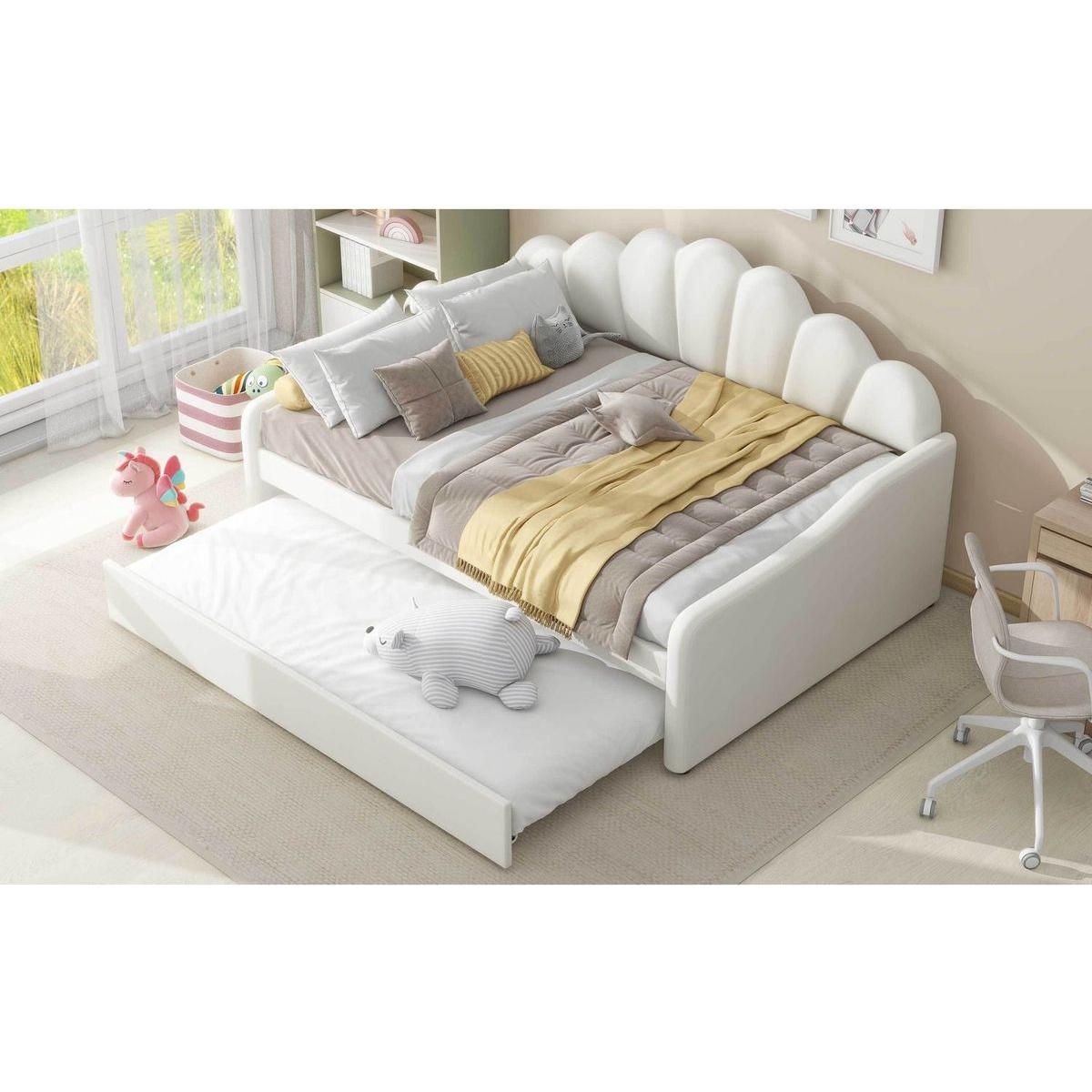 Full Size Upholstery Daybed Frame with Shall Shaped Backrest and Trundle,Beige