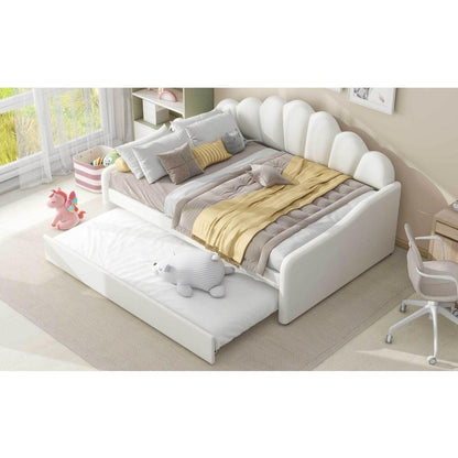 Full Size Upholstery Daybed Frame with Shall Shaped Backrest and Trundle,Beige