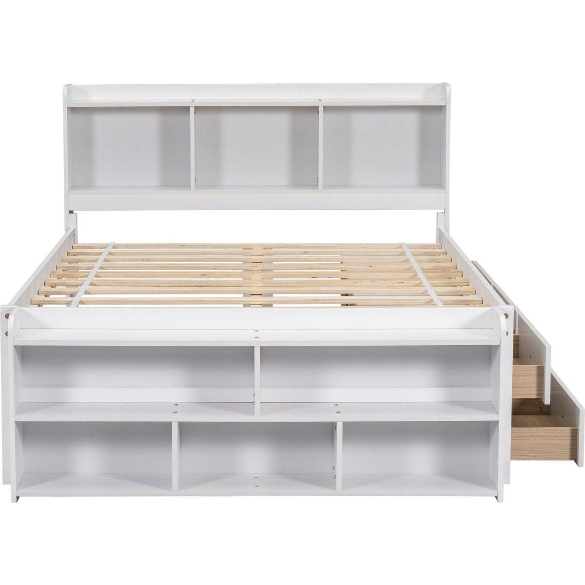 Full Bed with Bookcase Headboard, Under bed Storage Drawers and Bed End Storage Case,White