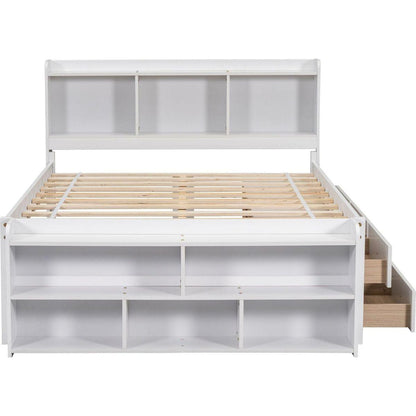 Full Bed with Bookcase Headboard, Under bed Storage Drawers and Bed End Storage Case,White